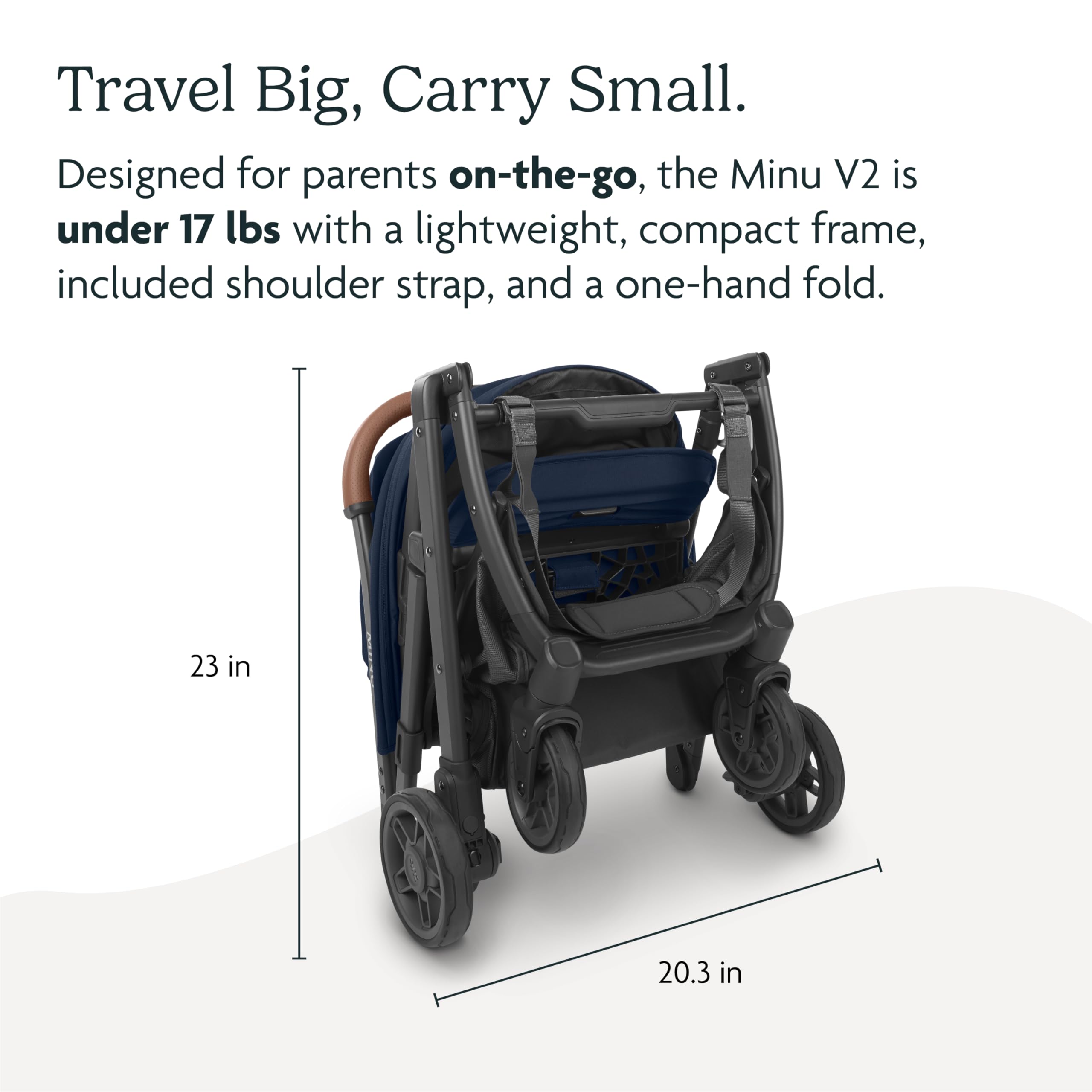UPPAbaby Minu V2 Travel Stroller/Lightweight, Portable Design/One-Hand Fold/Shoulder Strap and Leather Bumper Bar Included/Noa (Navy/Carbon Frame/Saddle Leather)