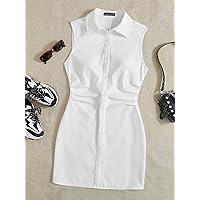 Dresses for Women Women's Dress Solid Button Front Ruched Side Sleeveless Shirt Dress Dresses (Color : White, Size : Large)