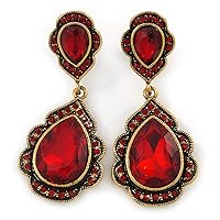Vintage Inspired Ruby Red Glass Crystal Bead Teardrop Earrings In Antique Gold Tone - 50mm L