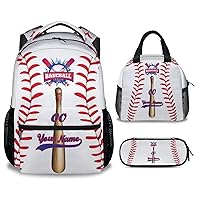 Personalized Baseball Backpack with Lunch Box and Pencil Case Set, 3 in 1 Matching Boys White Backpacks Combo, Cool Bookbag and Pencil Case Bundle