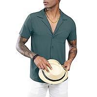 Men’s Casual Short Sleeve Button Up Shirts Knit Ribbed Vintage Shirts Summer Cuban Shirts Tops with Pockt