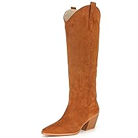 Cowgirl Boots Women Knee High Boots Pointed Toe and Block Heel Cowboy Suede Boots with Embroidered
