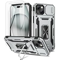 Maxdara Case for iPhone 15, with Built-in Rotating Ring Kickstand & Slide Camera Cover & Front Glass Screen Protector Shockproof Phone Case for iPhone 15 6.1 inch 2023, Grey