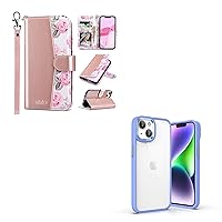 ULAK iPhone 14 Wallet Case Floral + iPhone 14 Case Clear with Color Border Shockproof Protective Phone Cover