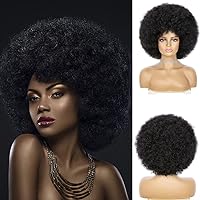 Afro Wig - Soft Afro Wig 70s For Women Afro Kinky Curly Hair Wigs With Bangs Natural Looking Short Afro Curly Wig For Men Bouncy Black Afro Puff Wig Synthetic Hair Big Afro Wig For Daily Party Use