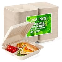 100% Home Compostable 50 Pack Disposable Clamshell Take Out Food Containers, 8X8'' 3-Compartment to go Containers, Heavy-Duty to go Boxes, Eco-Friendly Biodegradable, Made of Sugarcane Fibers