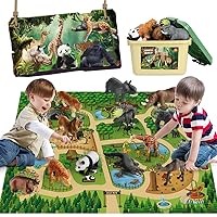 Mini Tudou 12 Pcs Safari Animals Figures Toys w/ 57x38.6’’ Large Activity Play Mat, Realistic Jumbo Jungle Wild Zoo Animals Figurines Playset w/Elephant, Giraffe, Lion for Kids Boys
