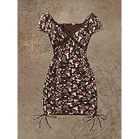 Dresses for Women Mushroom Print Lace Insert Drawstring Ruched Dress (Color : Coffee Brown, Size : X-Large)