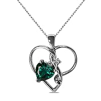 Lab-Created Green Emerald Gemstone May Birthstone Heart and Diamond Accent Pendant Necklace Charm in 925 Sterling Silver