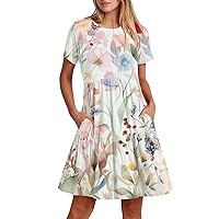 Women Casual Loose Floral Dress 2024 with Pockets Short Sleeve Midi Summer Beach Swing Printed Dresses