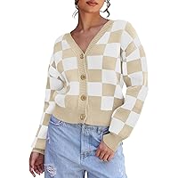 MEROKEETY Women's Cropped Cardigan Sweater Plaid Long Sleeve Button V Neck Open Front Knit Outerwear