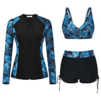 JASAMBAC Women 3 Piece Rash Guard Long Sleeve Zip Up Swimsuits with Boyshort UV UPF 50+ Swim Shirt Built in Bra