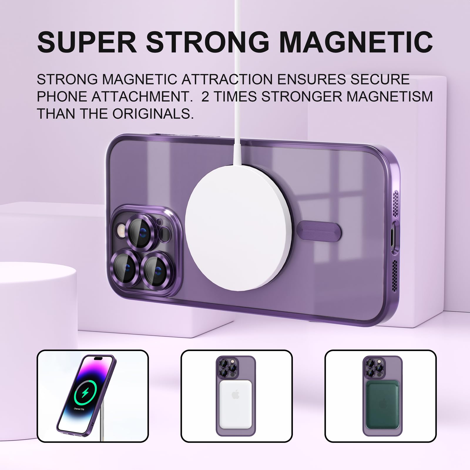 Misea Magnetic Clear Case for iPhone 14 Pro Max Case [Compatible with MagSafe] [Never Yellowing] [Military Grade Drop Protection] Full Camera Lens Protector Luxury Plating Soft Phone Case, Purple