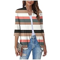 Women's Open Front Cardigan 3/4 Sleeve Retro Print Blouse Tops Coat Lightweight Jackets Casual Duster Cardigans