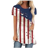 Womens Short Sleeve Tunic Tops 2024 Fashion Independence Day Printed Shirts Summer Casual Crew Neck Loose Fit Blouses T-Shirt