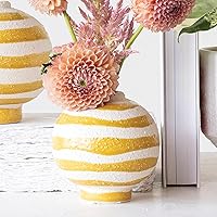 Striped Stoneware Vase with Sphere Shape and Footed Base, Yellow and White