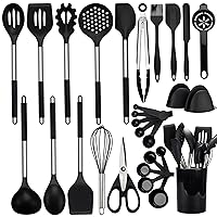 Cooking Utensils Set, 28 Pcs Silicone Kitchen Utensils Set with Holder, Silicone Whisk, Spatulas, Scissors, Measuring Cups and Spoons Set with Stainless Steel Handle Kitchen Gadgets (Black)