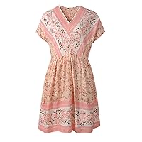 Elegant Rayon Cotton Summer Women's Short Sleeve V Neck Boho Floral Dress Tassel V Neck Elastic Waist Mini Dress