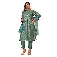 Mothers Day Gifts Plus Size Green Poly Silk Kurta With Pant and Dupatta