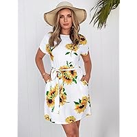 Fall Dresses for Women 2023 Sunflower Print Belted Slant Pocket Dress Dresses for Women (Color : Multicolor, Size : X-Large)