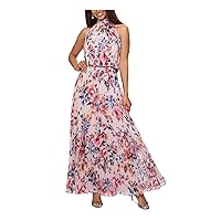 XSCAPE Womens Pink Pleated Tie Halter Gown Floral Sleeveless Mock Neck Maxi Cocktail Blouson Dress 10