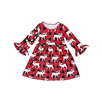 Little Girl Quarter Sleeves Deer Mix Checker Print Christmas Party Dress 2t-8