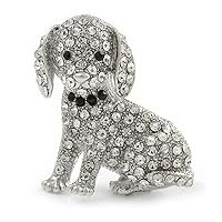 Crystal Puppy Dog Brooch In Silver Tone - 37mm Tall