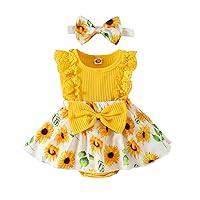 Baby Girl Clothes Infant Summer Outfit Knit Rib Romper Dress Flower Lace Sleeveless Jumpsuit + Headband