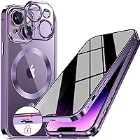 [CD Metal Ring & Safety Lock Full Body Privacy Case for iPhone 14 [Compatible with MagSafe] [Integrated Lens Protection] Slim Metal Plating Frame Bumper Clear Back Double-Sided Cover-Purple