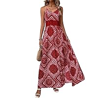 Women's Dress Boho Style Paisley Scarf Print Split Thigh Cami Dress with High Waist and Slit Hem Dress for Women (Color : Red, Size : Medium)