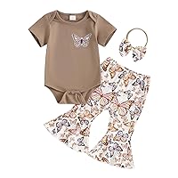 Baby Girl Summer Clothes Butterfly Outfit Short Sleeve Romper Butterfly Print Flare Pants Set Headband 3pcs
