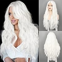 WECAN Long White Wigs for Women, 28 Inches Wavy Lace Heat Synthetic Middle Part Natural Looking Silky Wig for Daily Use, Halloween & Cosplay