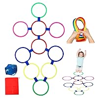 Hopscotch Rings Game, 10Pcs Round Hopscotch Rings with Bean Bag Toss 15 inch Multi-Colored Agility Rings Obstacle Course Fun Play Kids Outdoor Play Equipment