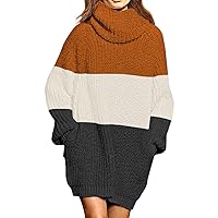 Pink Queen Women's Turtleneck Sweater Color Block Oversize Loose Chunky Pullover Knit Mini Dress Dark Grey L