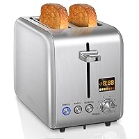 SEEDEEM Toaster 2 Slice, Stainless Steel Bread Toaster Color LCD Display, 7 Bread Shade Settings, 1.4'' Wide Slots Toaster Bagel/Defrost/Reheat Functions, Removable Crumb Tray, 900W, Silver Metallic
