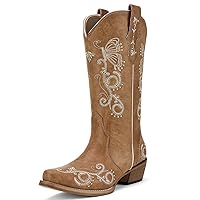 Rollda Women's Cowboy Boots Snip Toe Cowgirl Boots Embroidered Mid-Calf Western Boots Ladies Distressed Boots with Pull-Up Tabs
