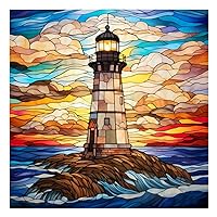 FHBUBPUP Diamond Painting Kits for Adults, Lighthouse Stained Glass Diamond Art Kits, Full Drill Round Gem Art, DIY Paint with Diamonds Crafts for Home Wall Decoration Gifts 12x12inch