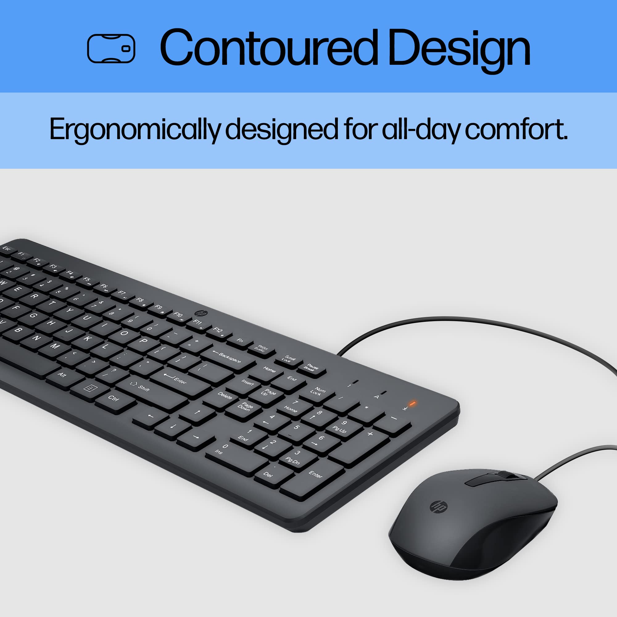 HP 150 Wired Mouse and Keyboard Combo - Full-Sized, Low-Profile Keyboard with Numeric Keypad - 1600 DPI Optical Sensor, Multi-Surface Wired Mouse - USB Plug-and-Play Connectivity (240J7AA, Black)