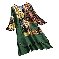 Womens High-Low Cotton Linen Dress Floral 3/4 Sleeve V-Neck A-Line Dresses Summer Casual Loose Split Swing Sundress