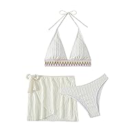 SHENHE Women's 3 Piece Halter Chevron Textured V Neck Knot Bikini Set with Wrap Cover Ups