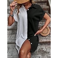 Women's Dress Dresses for Women Two Tone Batwing Sleeve Shirt Dress (Color : Black, Size : Small)