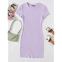 Summer Dresses for Women 2022 Solid Rib-Knit Bodycon Dress Dresses for Women (Color : Lilac Purple, Size : Medium)