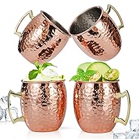 Moscow Mule Mugs Set of 4, 16 oz Hammered Copper Cups with 304 Stainless Steel Lining and Gold Brass Handles, Perfect for Cold Drinks, Beer, Wine, Bars, Parties, Gifts