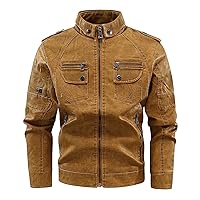 Men's Vintage Faux Leather Jacket Stand Collar Zip-up Biker Motorcycle Jackets Slim Fit Windproof Bomber Jackets