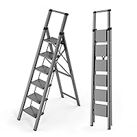 6 Step Ladder, Lightweight Foldable Ladder with Non-Slip Wide Pedals, Stepladder with Safe Handrail, Space Saving for Home, Kitchen, Indoor & Outdoor 300lbs - Black