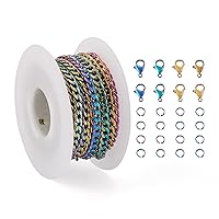Mega Pet 5m/16.4 feet Stainless Steel Curb Chains with Jump Rings and Lobster Claw Clasps Rainbow Chains Necklace Bracelet Making Kits Metal Chains for DIY Jewelry Making