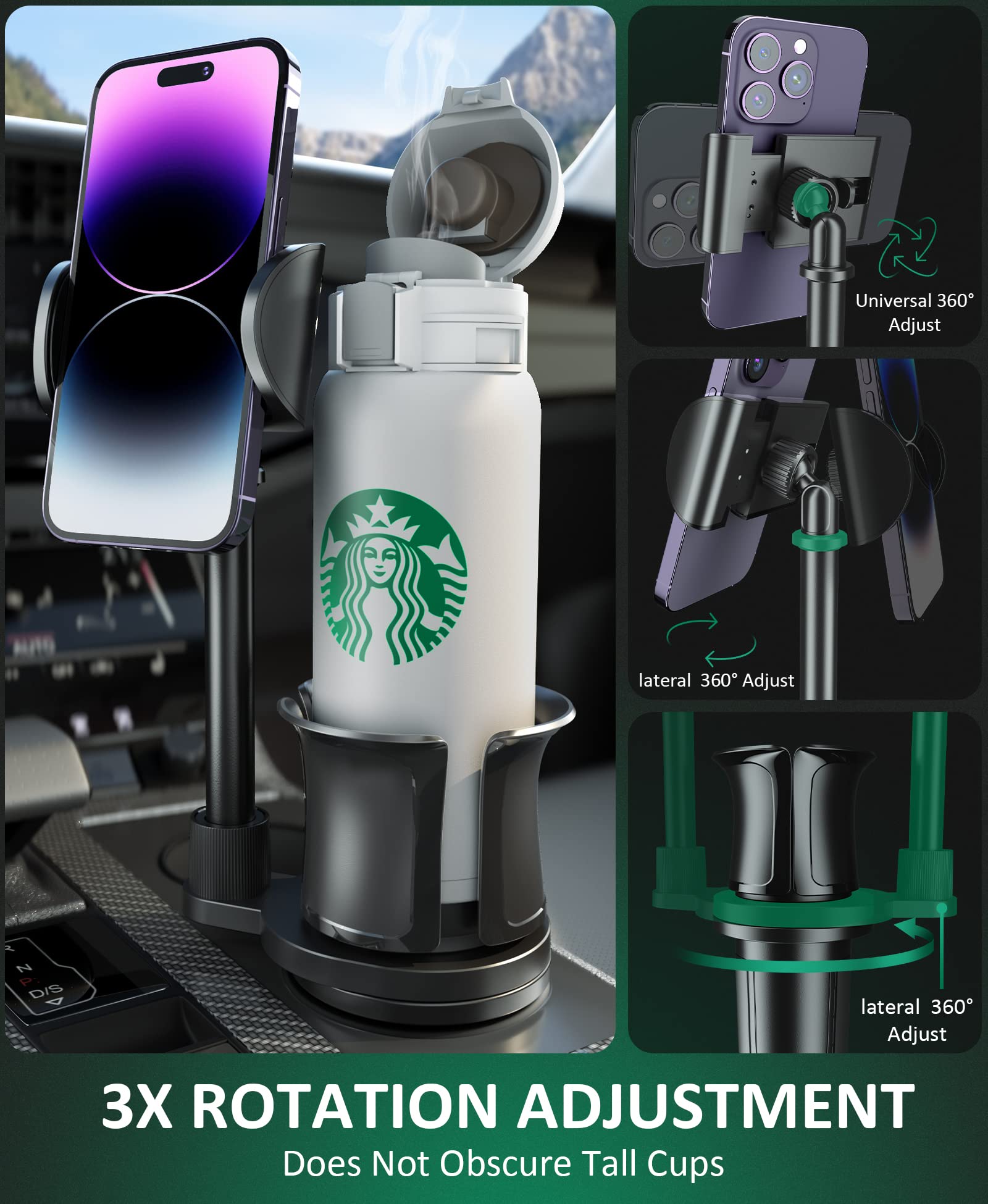 Car Cup Holder Phone Mount: Universal Auto Cell Phone Stand with Drink Expand Cup Holder for Truck | SUV | Automobile Compatible with iPhone & Samsung and Other Android Smartphone