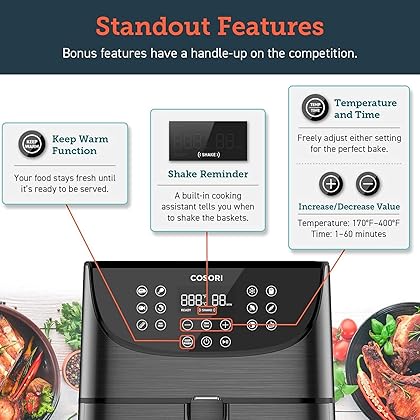 COSORI Pro Air Fryer Oven Combo, 5.8QT Max Xl Large Cooker with 100 Recipes, One-Touch Screen with 11 Presets and Shake Reminder, Nonstick and Dishwasher-Safe Detachable Square Basket, Black