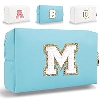 Small Personalized Initial Letter Makeup Bag, Cute Waterproof PU Leather Chenille Letter Cosmetic Bag Travel Makeup Bag, Preppy Makeup Pouch Toiletry Zipper Pouch Organizer for Women and Girls(Blue-M)