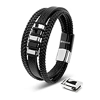 | Premium Genuine Leather Bracelet [Glory] for Men in Black | Magnetic Stainless Steel Clasp in Silver and Gold | Exclusive Jewelry Box | Great Gift Idea